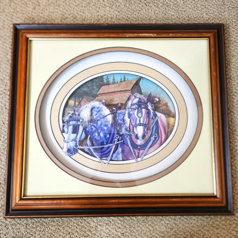 Vintage Gerlach Art Horses 3D Paper Tole in Rustic Wooden Glass Frame